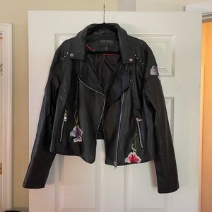 Faux Leather Flower Embroidered Moto Jacket